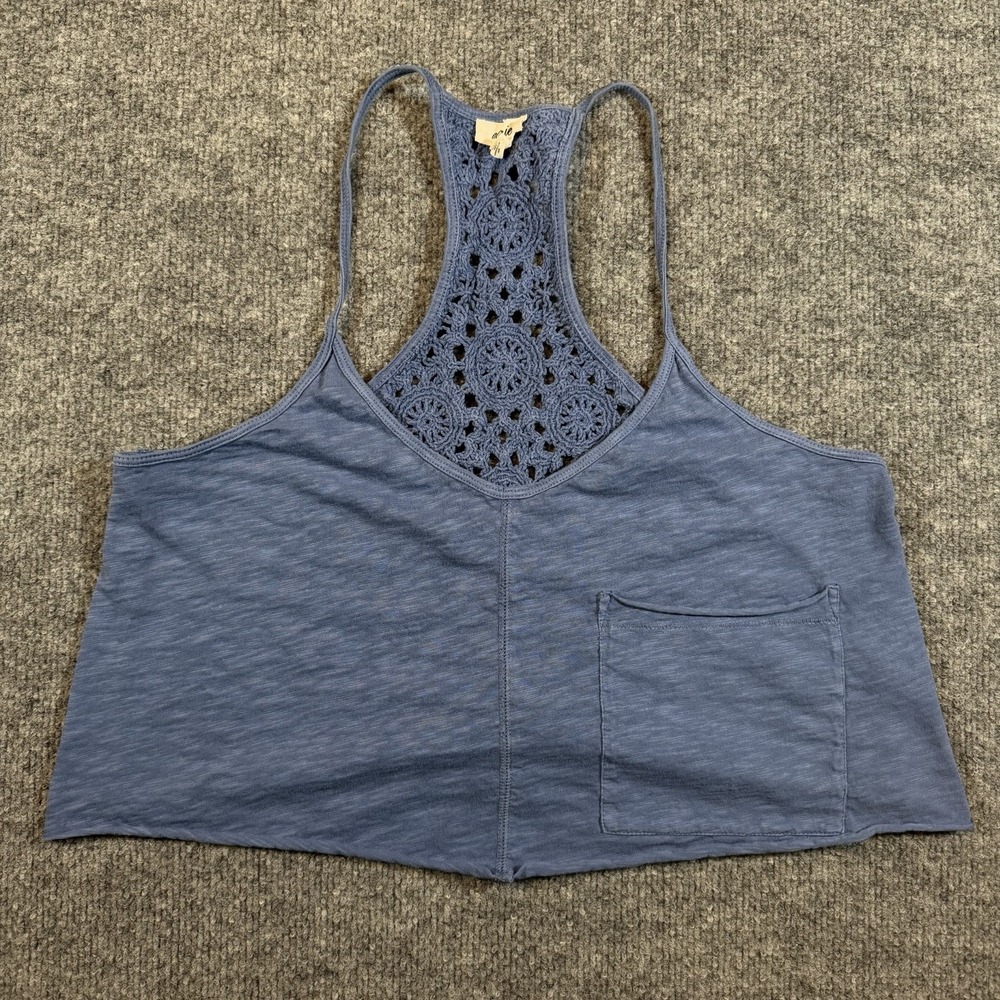 Aerie Summer House Crochet Back Cropped Tank Top Size M Blue Racerback Festival